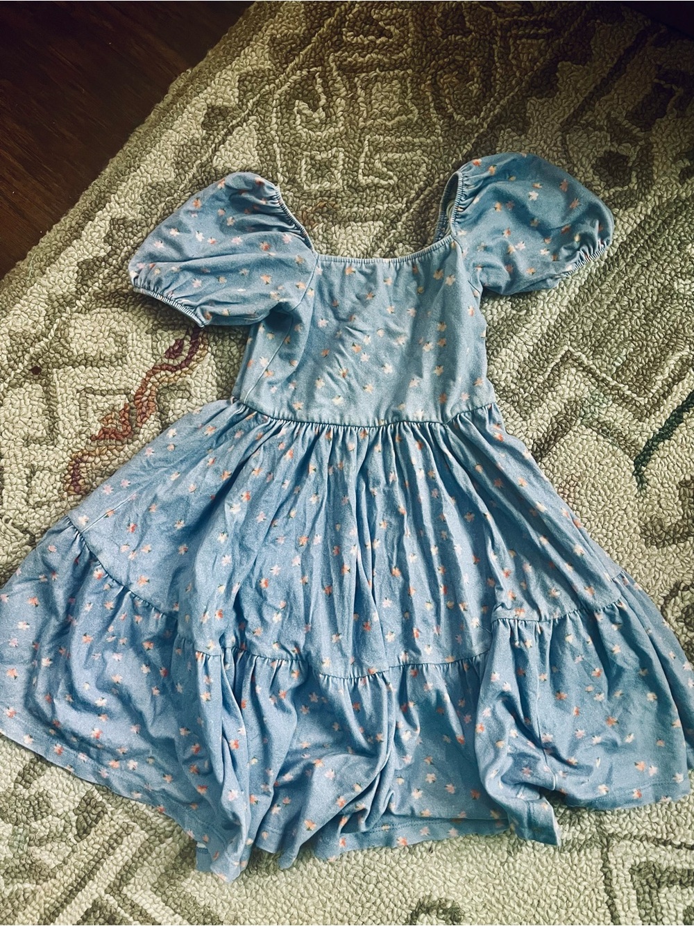 Blue Puff-Sleeve Floral Tiered Dress for Girls